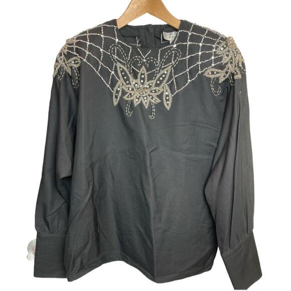 Vntg Bonnie Boerer Black Silk Blend Beaded Blouse